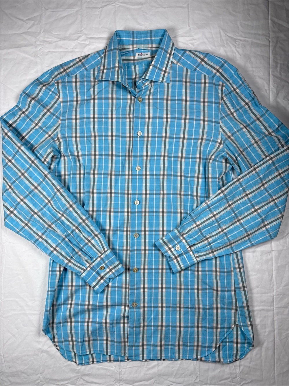 KITON Blue Plaid Men's Dress Shirt - Slim Fit